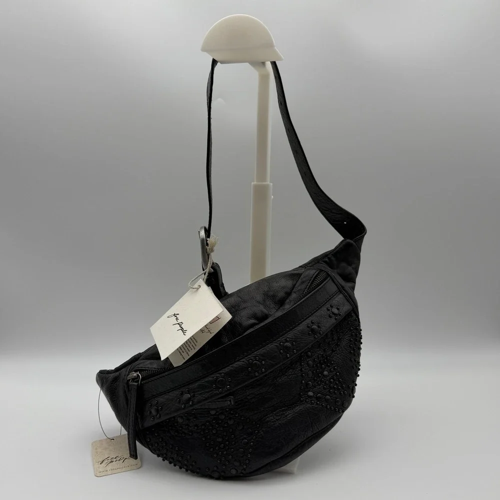 Free People Ana Adorned Sling Bag Black Leather Studded Crossbody Purse NWT